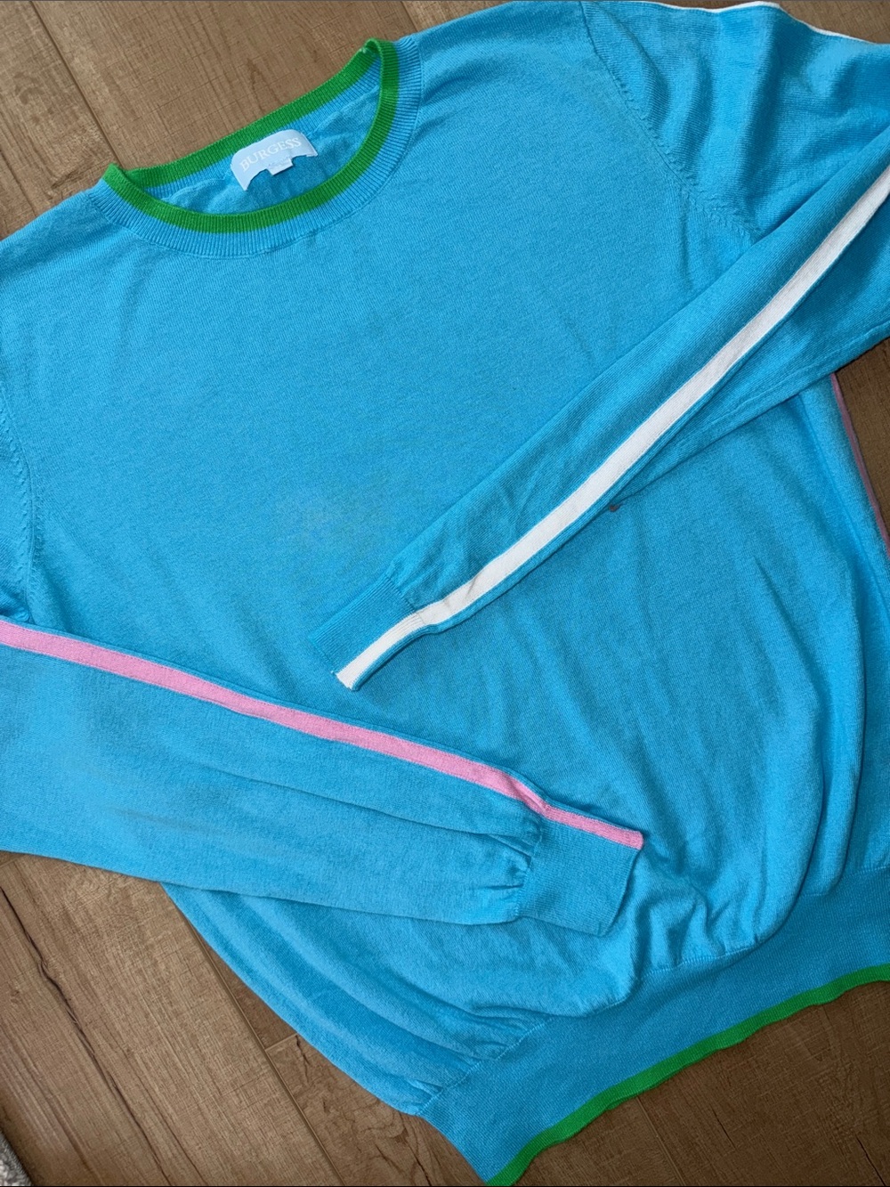 Burgess Women’s  Silk/Cotton Blend Aqua Pink Green Colorblock Stripe Sweater-MED